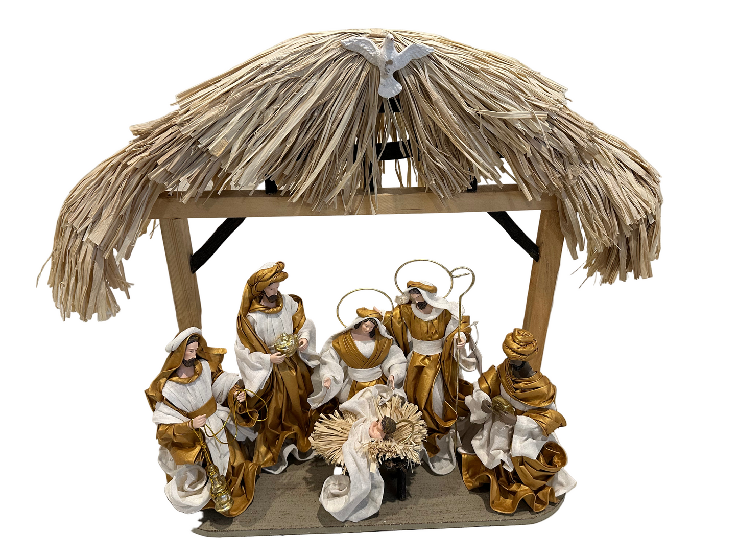 🎄 Gold Christmas Nativity Set in Driftwood Stable – 50cm Approx Handmade Holy Family Scene, Religious Christian Christmas Home Decor & Holiday Gift ✨