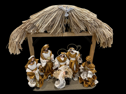 🎄 Gold Christmas Nativity Set in Driftwood Stable – 50cm Approx Handmade Holy Family Scene, Religious Christian Christmas Home Decor & Holiday Gift ✨