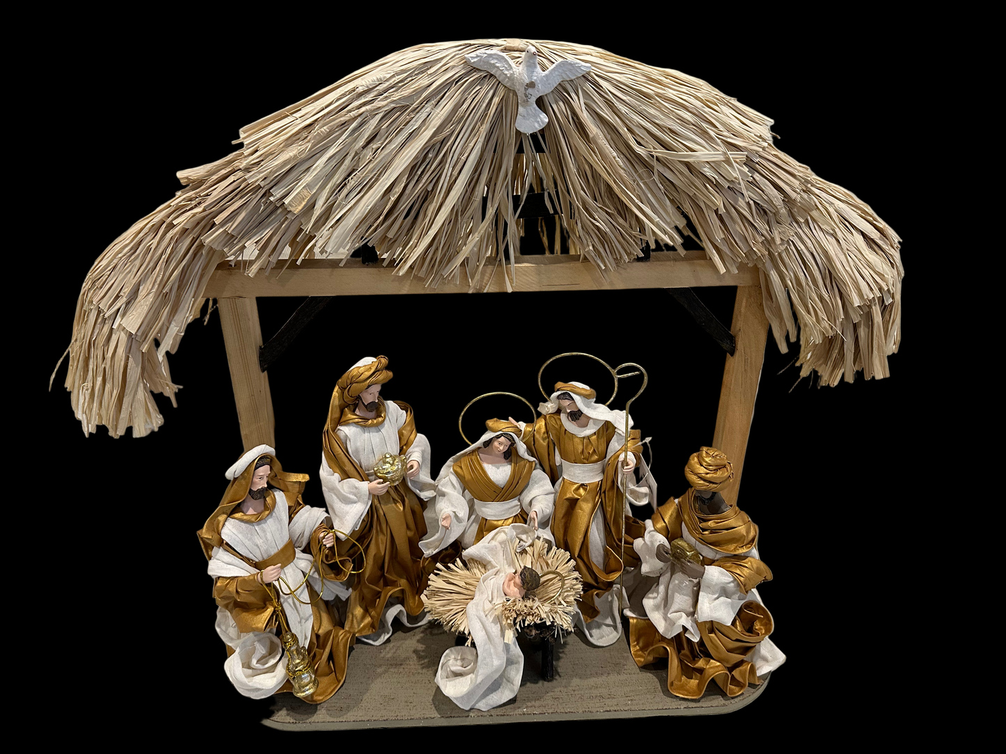 🎄 Gold Christmas Nativity Set in Driftwood Stable – 50cm Approx Handmade Holy Family Scene, Religious Christian Christmas Home Decor & Holiday Gift ✨