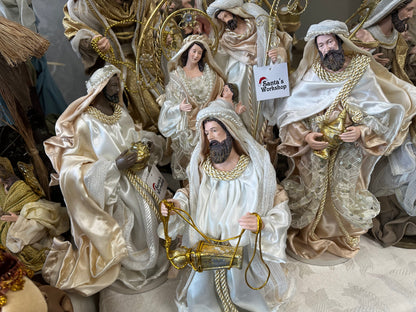 45cm Gold & White Holy Family Nativity Set in Gazebo – Handmade Christmas Religious Decoration with 3 Wise Men
