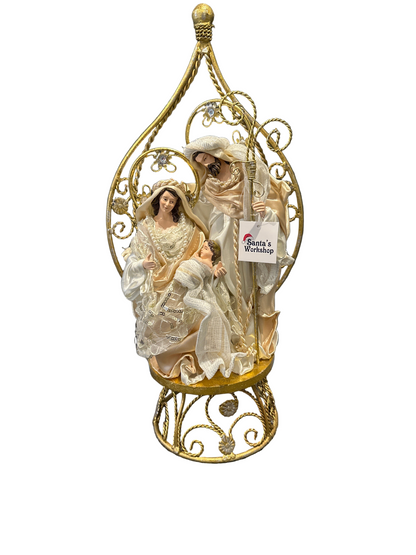 45cm Gold & White Holy Family Nativity Set in Gazebo – Handmade Christmas Religious Decoration with 3 Wise Men