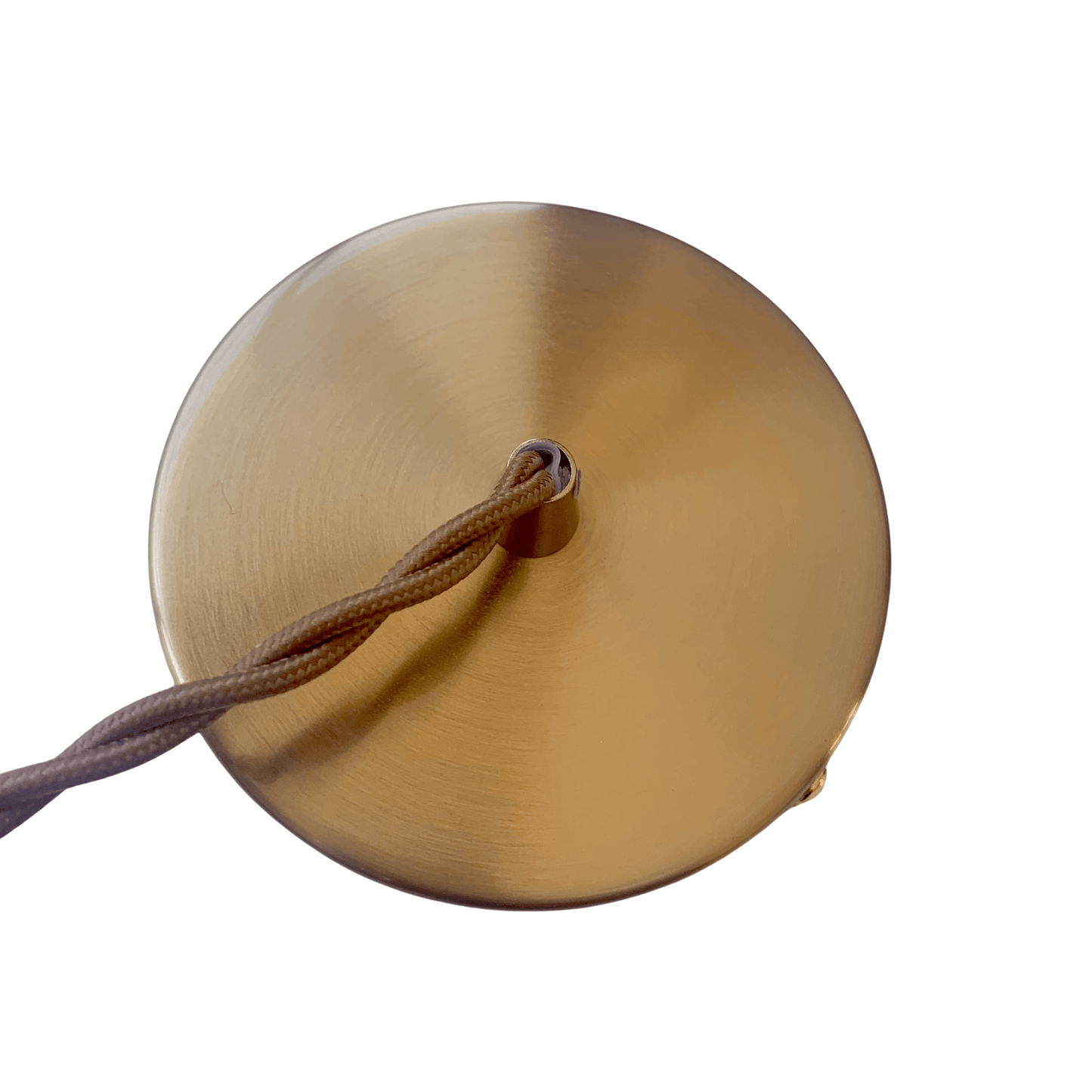Antique brass ceiling canopy with braided cord connection for pendant light.