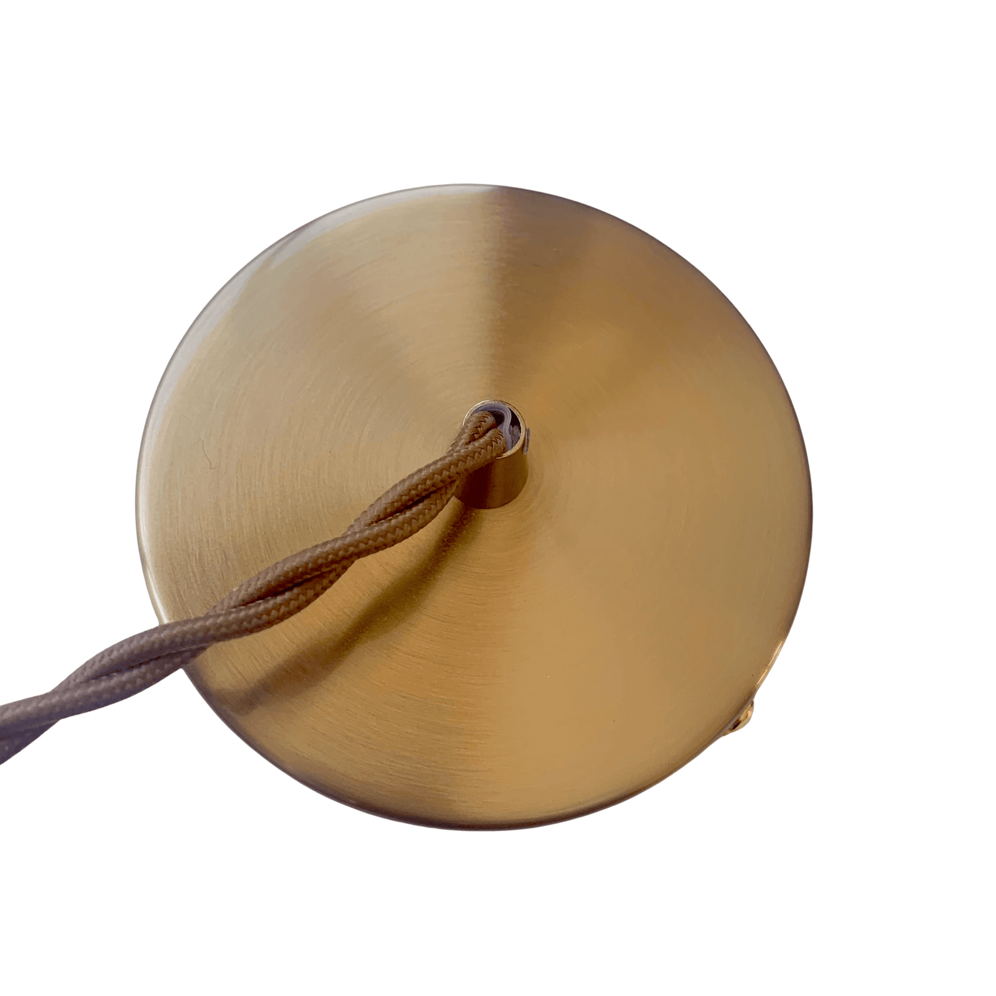 Antique brass ceiling canopy with braided cord connection for pendant light.