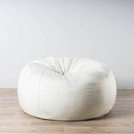 White bean bag with rounded shape and gathered top tuft