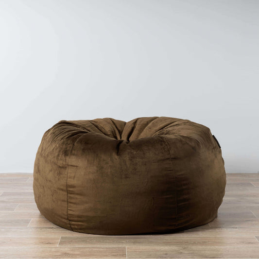 Espresso brown round bean bag with gathered top and smooth fabric