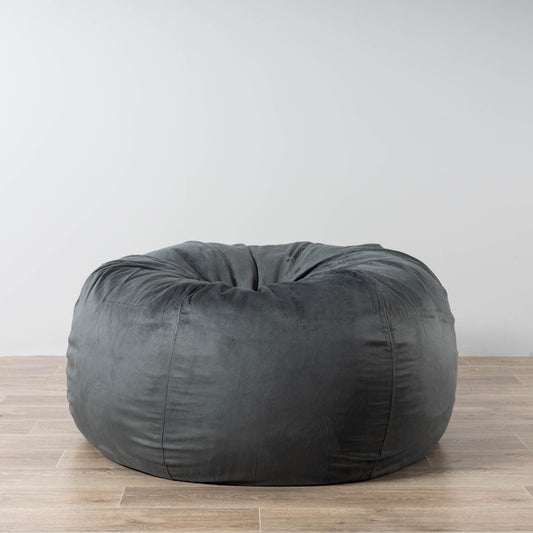 Charcoal round bean bag with tufted seams and soft fabric cover