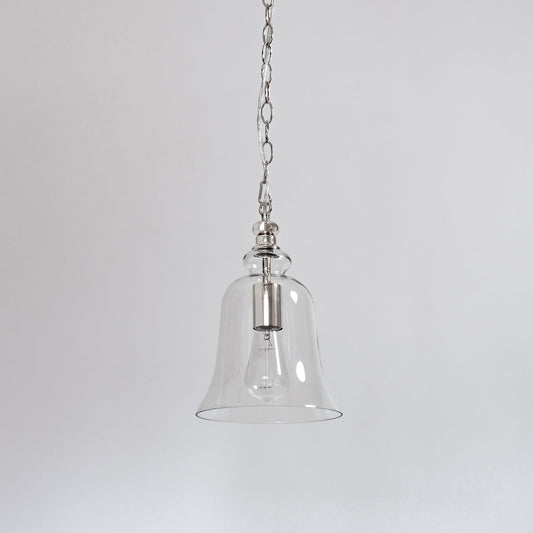 Polished chrome bell pendant light with clear glass shade and hanging chain