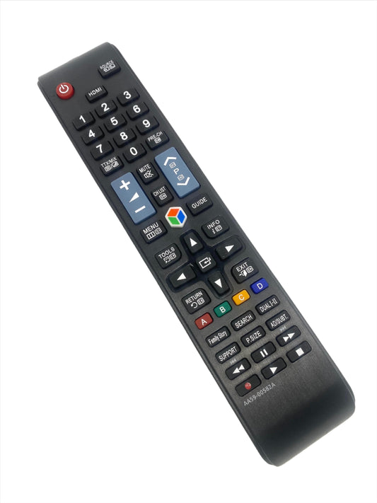 Samsung remote control with app icons, number pad, and colored buttons