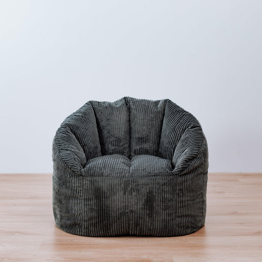 Charcoal corduroy tub chair bean bag cover with rounded seat and deep back