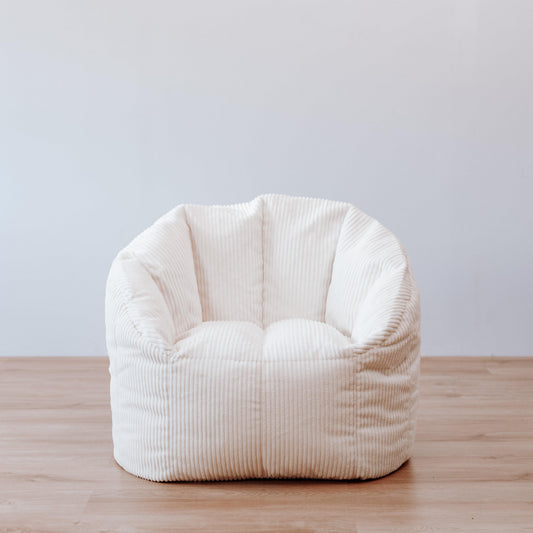 Ivory corduroy tub chair bean bag cover with vertical ribbed texture and rounded seat