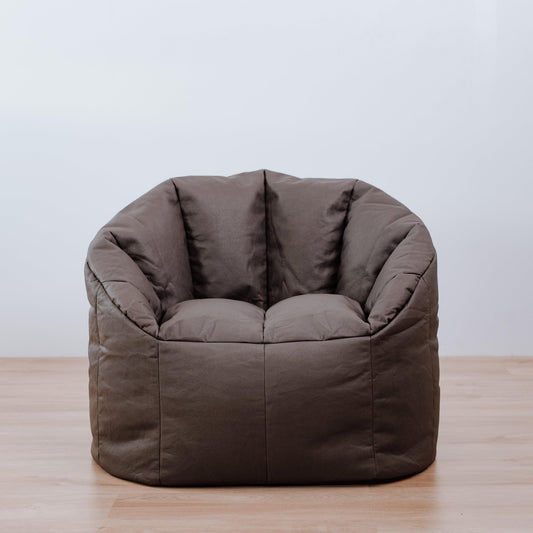 Charcoal vegan leather tub chair bean bag cover with rounded arms and center seam