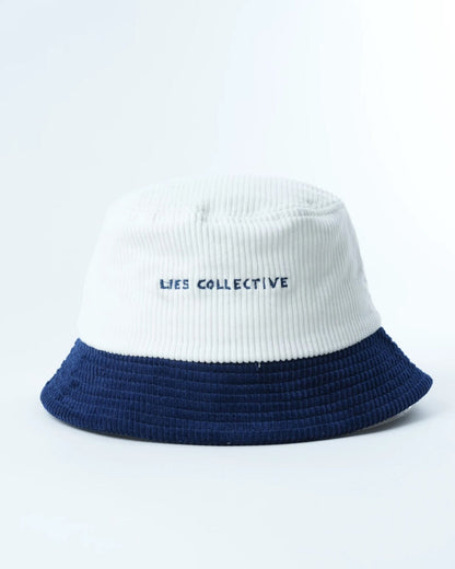 Two-tone bucket hat, white crown and navy brim with 'HES COLLECTIVE' front text