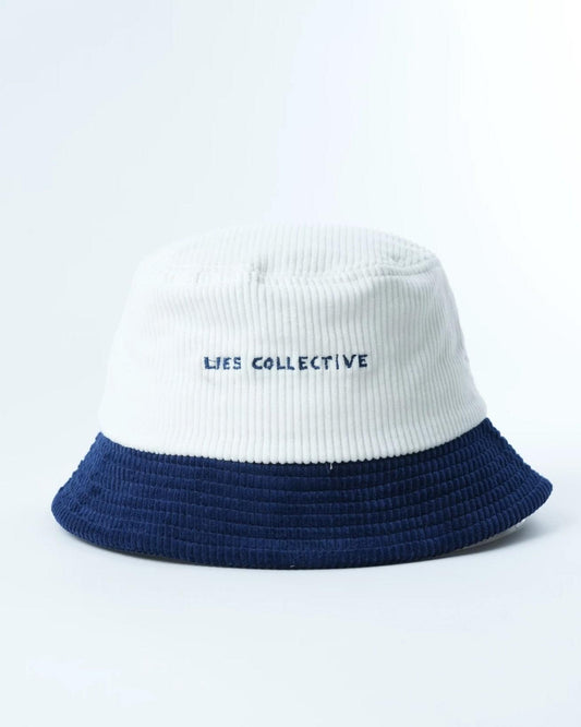 Two-tone bucket hat, white crown and navy brim with 'HES COLLECTIVE' front text