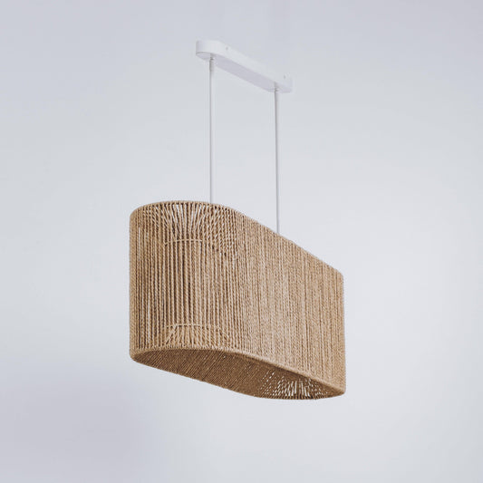 Natural rope pendant light with drum-shaped woven shade and white cord