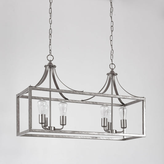 Brushed chrome rectangular glass lantern pendant with four candle bulbs