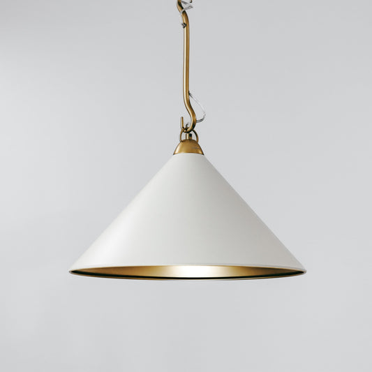 Gold metal cone pendant light with white shade and braided chain, single hanging