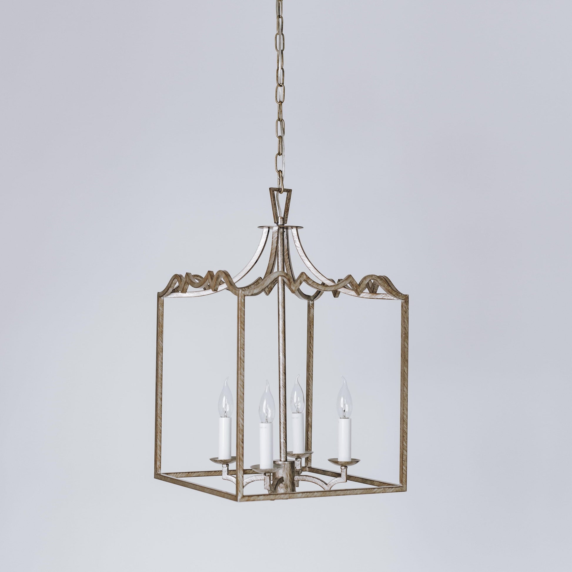 Brushed champagne box frame lantern pendant light with candelabra bulbs