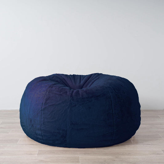 Cloud plush fur bean bag, dark navy round cushion with gathered top
