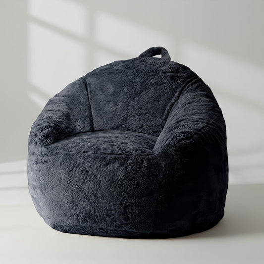 Charcoal mini beanbag chair cover in plush fabric with curved seat and top handle