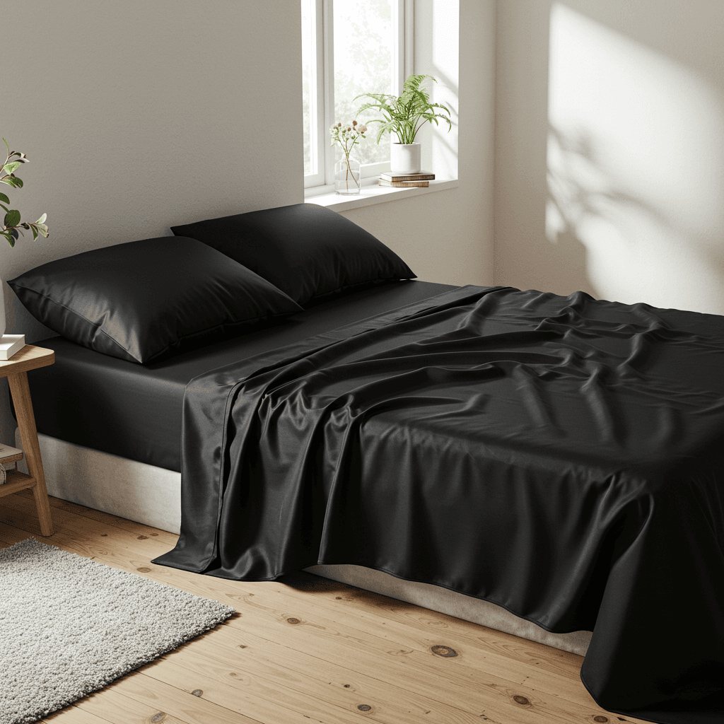 Black satin sheet set with fitted sheet and pillowcases on a bed