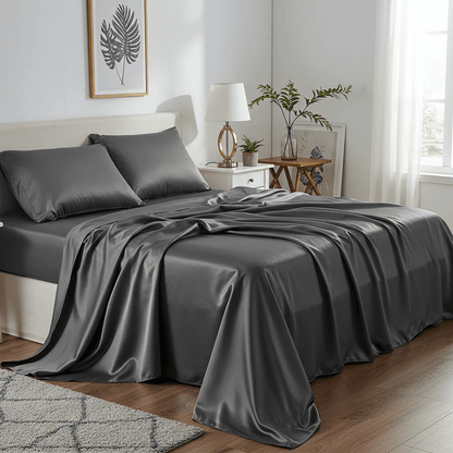 Charcoal gray satin sheet set with smooth draped bedding