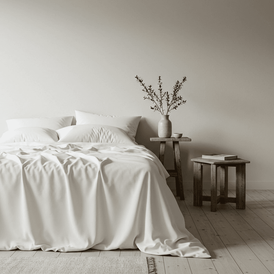 White bamboo sheet set on a bed with pillow and smooth flat sheet