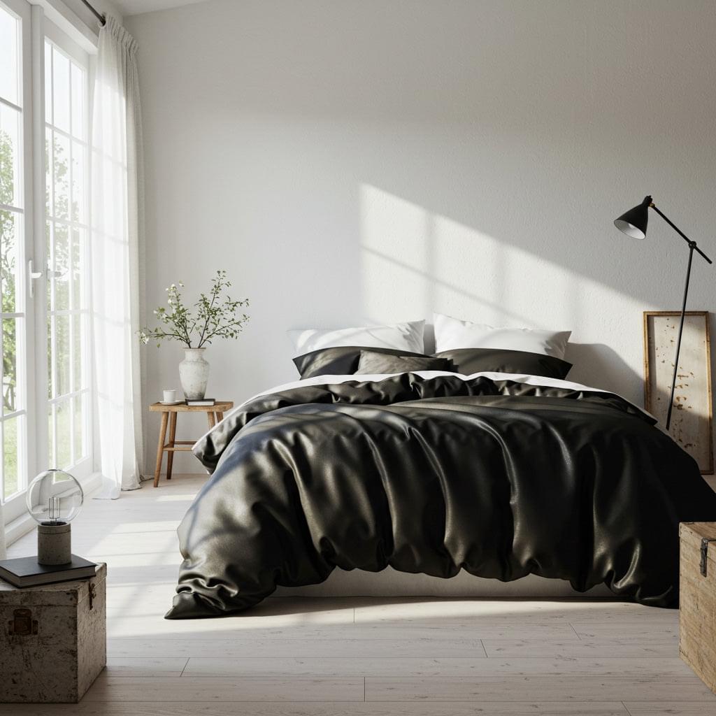 Black satin quilt cover with matching pillowcases and gathered bed design
