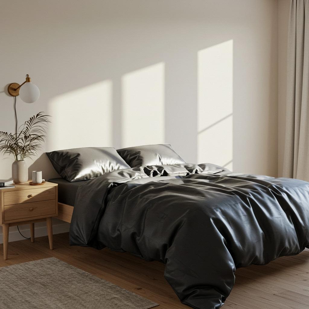 Charcoal grey satin quilt cover with smooth sheen and gathered folds