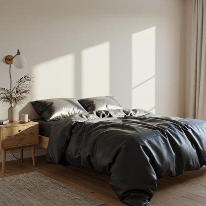Charcoal grey satin quilt cover with smooth sheen and gathered folds