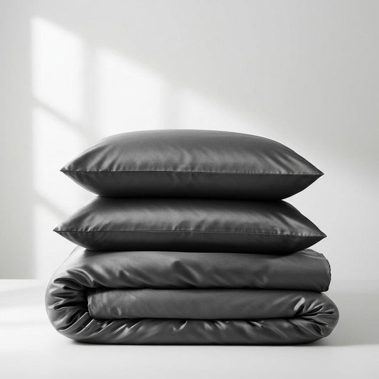 Charcoal grey satin quilt cover, folded with visible seams