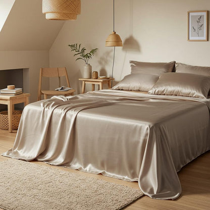 Champagne latte satin sheet set with fitted sheet and flat sheet, smooth sheen finish