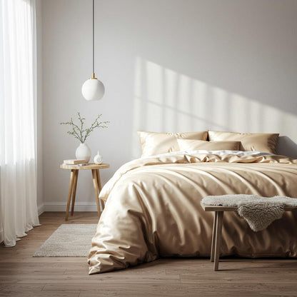 Satin quilt cover set on bed in champagne latte light tan with coordinating shams