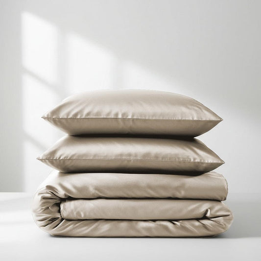 Champagne satin quilt cover in light tan with stitched edges and folded layers