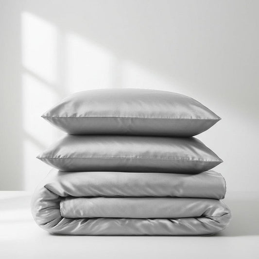 Silver satin quilt cover set with matching pillowcases, neatly folded