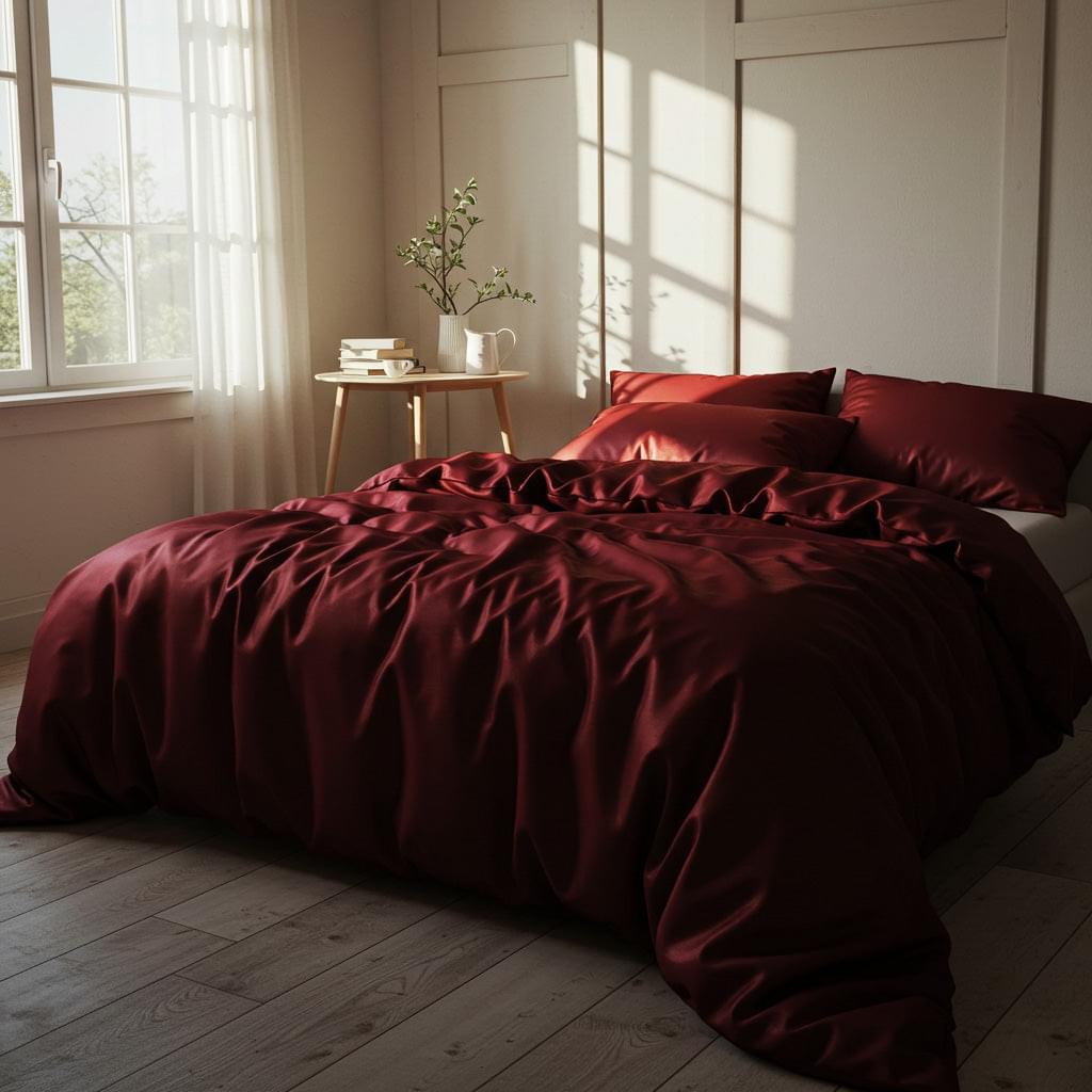 Wine red satin quilt cover with gathered, starburst-like folds and matching pillowcases