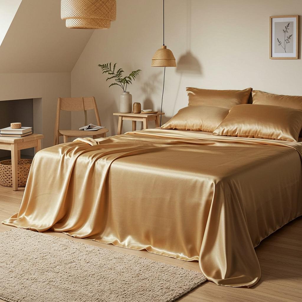 Veuve Gold satin sheet set in warm gold on bed, smooth sheen and neatly draped top