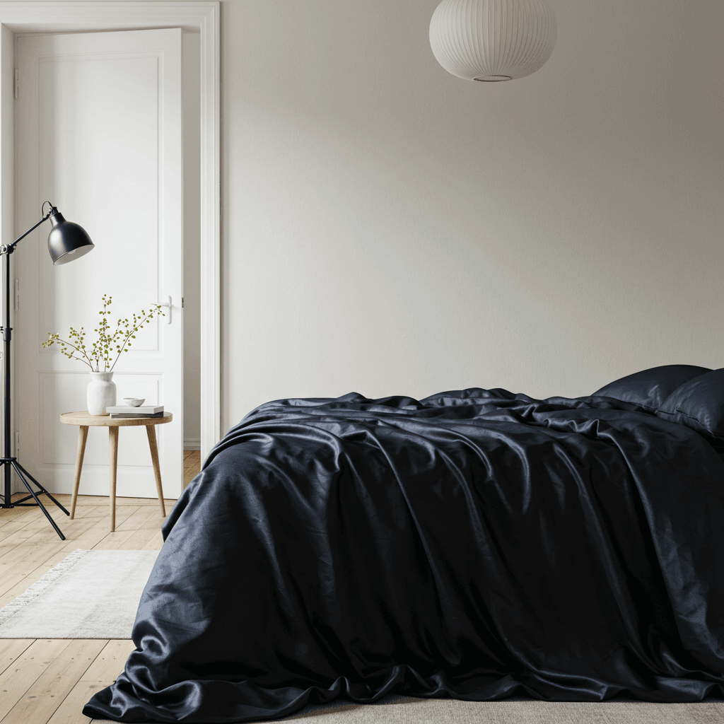 Navy blue satin sheet set neatly spread on a bed, fitted corners visible