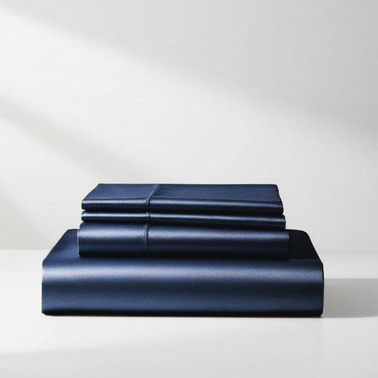 Navy satin sheet set, folded sheets stack