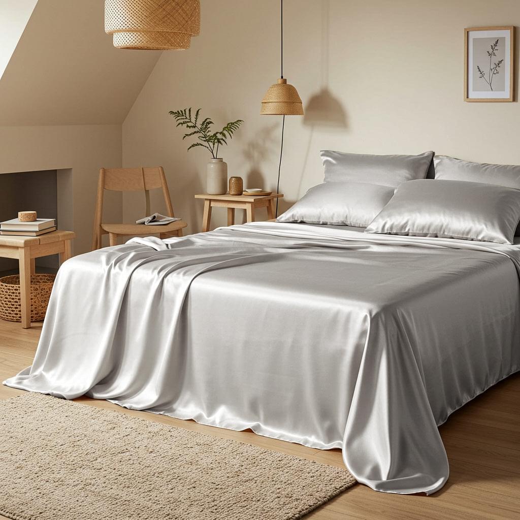 Silver satin quilt cover draped over a bed with coordinating pillow shams