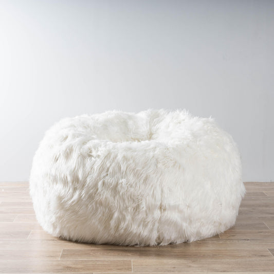 White faux fur round bean bag, plush low profile cushion