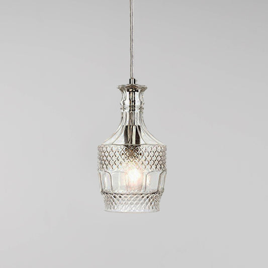 Clear glass pendant light with ribbed diamond pattern shade and chrome top