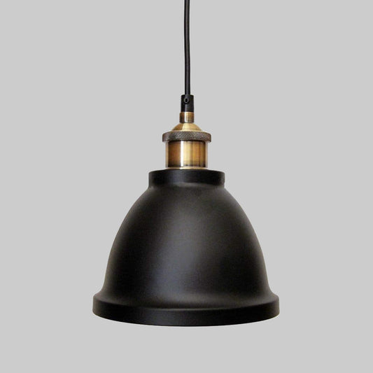 Black metal pendant light with brass socket and hanging cord