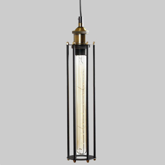 Black industrial pendant light with brass top and glass tube shade, exposed filament