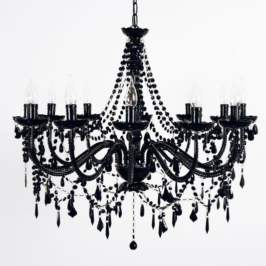 Black 12-light chandelier with ornate arms and hanging crystal-like drops