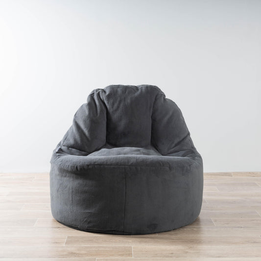 Charcoal plush fur bean bag chair cover with rounded, cushioned backrest