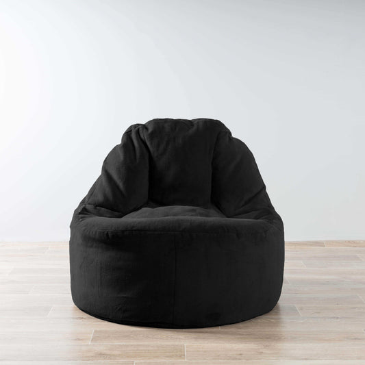 Black plush bean bag chair cover with rounded back and seat