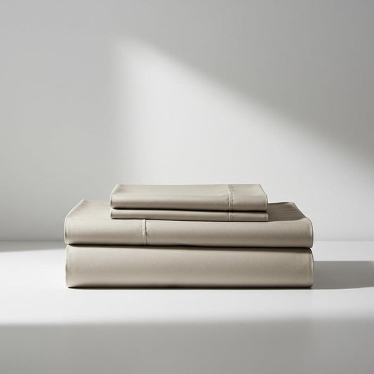 Latte bamboo sheet set with neatly folded sheets, smooth satin-like finish