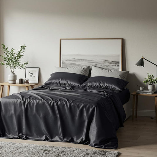 Charcoal bamboo sheet set on a bed with matching pillows and duvet