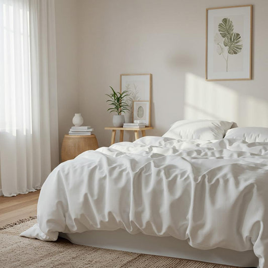 White quilt cover on bed with rumpled texture, draped over bedding