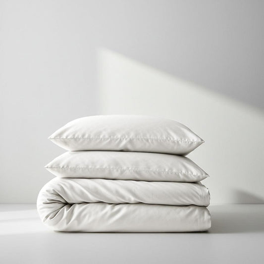 White silky bamboo quilt cover, neatly folded with matching pillowcases